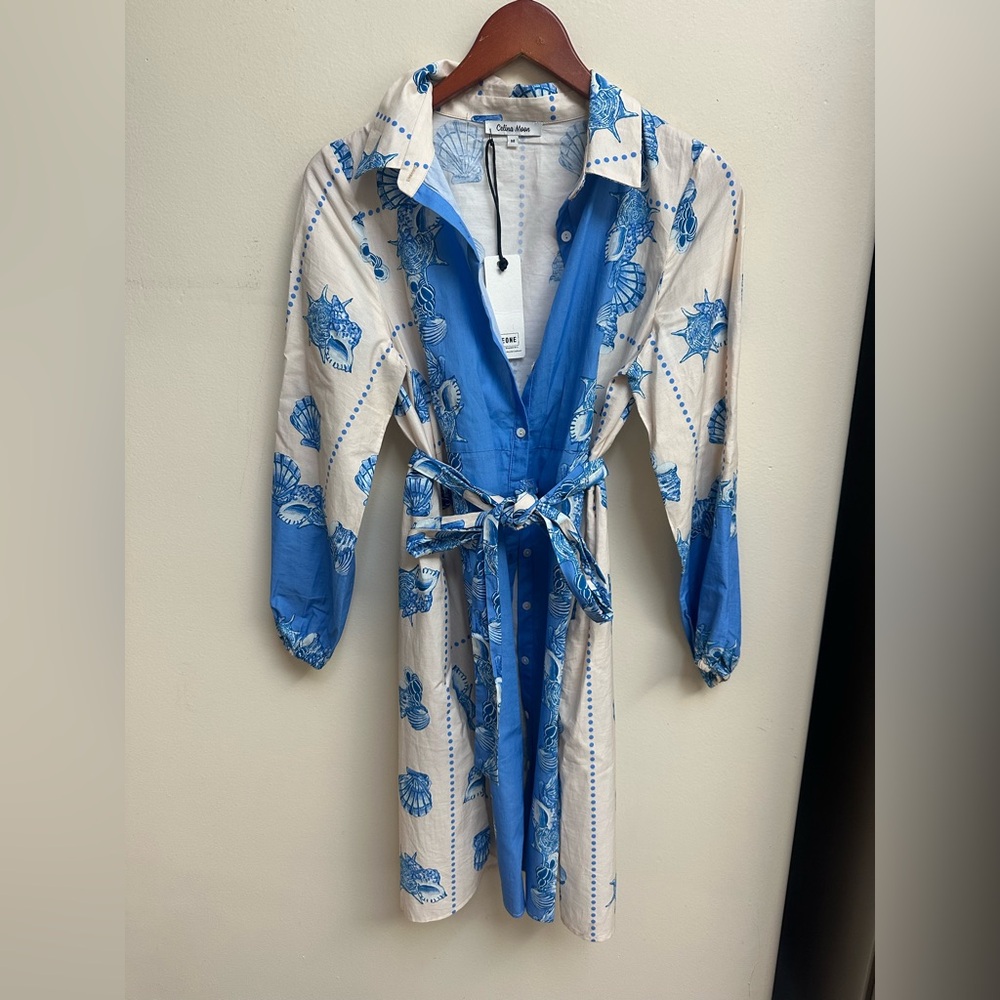 Anthropologie Blue & White Shell-Print Midi Shirt Dress